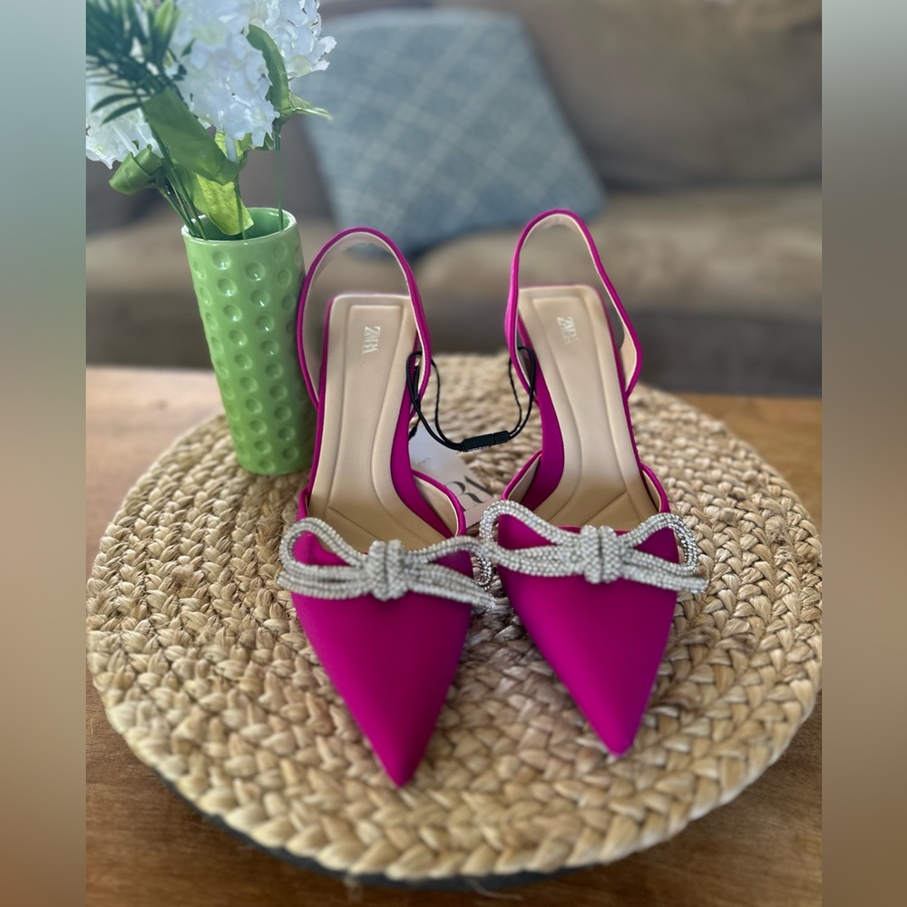 NWT Zara Heeled Blue Slingback Pointed Shoes with Rhinestone Bows US Size 6
